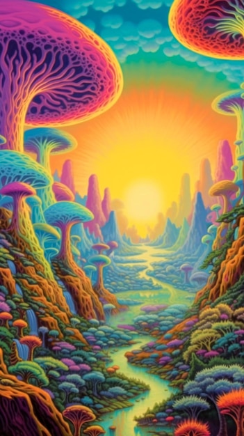 Pôster de paisagem psicodélica e trippy ilustração dos anos 60 gerado por IA