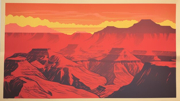 Poster de pôr-do-sol do Parque Nacional do Grand Canyon Estilo litográfico laranja escuro e carmesim claro