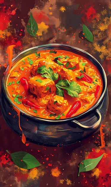 Poster de prato de frango com tomate e manteiga Quente e Ilustração de sabor Alimentos Bebidas Sabores indianos