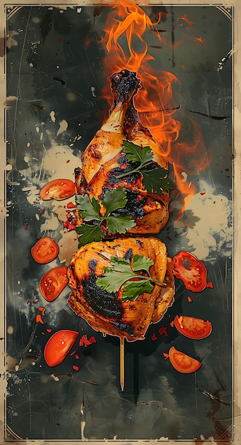 Poster de prato de frango Tandoori com forno Tandoor e ilustração de comida e bebida indiana