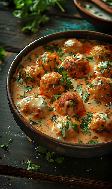 Poster de prato Malai Kofta com creme e bolas de paneer cremoso uma ilustração Comida Bebida Sabores indianos