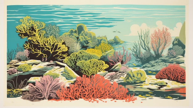 Poster de recife de coral carmesim e turquesa Ilustrações detalhadas de Jack Hughes