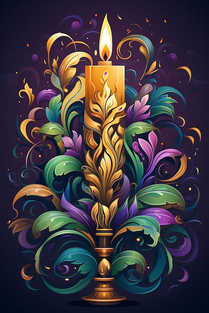 Poster de Single Tall Candle em Vibrant Purple Green e Gold Lively C Candlesmas 2D Flat Designs