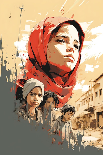 Poster de um grupo de crianças com bochechas afundadas e corpos frágeis Agai Vector 2D Dsign Palestina