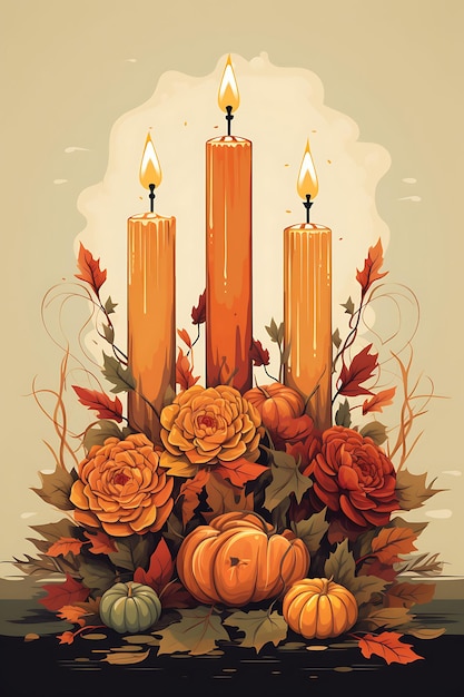 Poster de um grupo de velas cônicas em cores de outono quentes e terrosas para velas de Natal 2D Flat Designs
