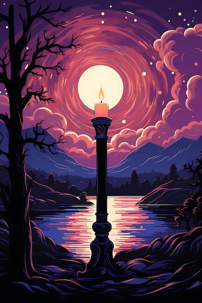 Poster de vela de pilar único com uma chama piscante Deep Purple e Candlesmas 2D Flat Designs