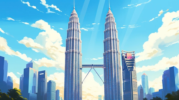 Foto poster des malaysischen zwillingsturms an einem sonnigen tag mit blick auf den blauen himmel