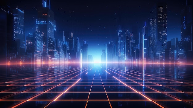 Un póster digital de una ciudad con un fondo azul y una ciudad en el medio.