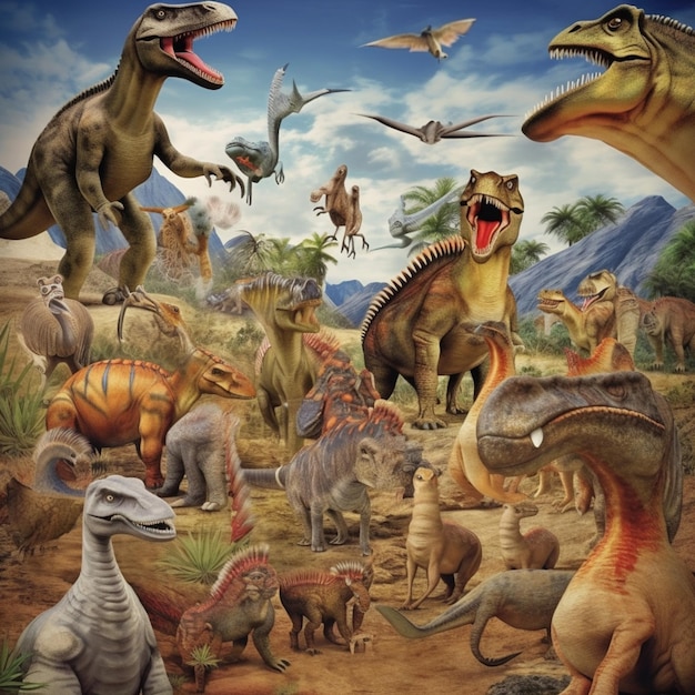 Un póster de un dinosaurio con un dinosaurio en él.