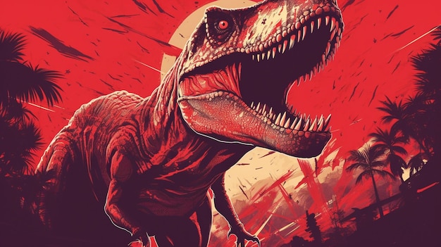 Un póster de un dinosaurio con un fondo rojo.