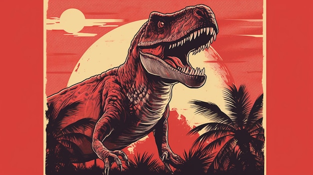 Un póster de un dinosaurio con un fondo rojo.