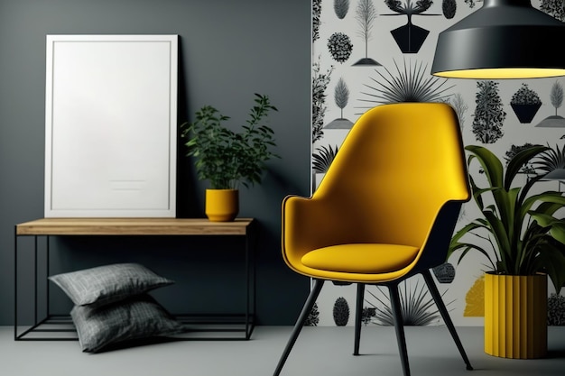 Póster de diseño con silla y fondo interior moderno en tela de moda
