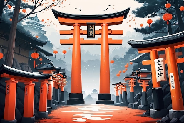 Poster do Ano Novo Japonês Fushimi Inari Taisha Celebração