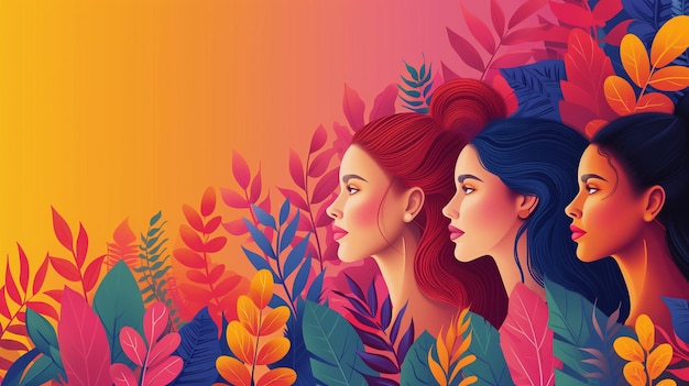 Foto poster do dia da mulher com uma ilustração de três belas mulheres e arte floral no fundo