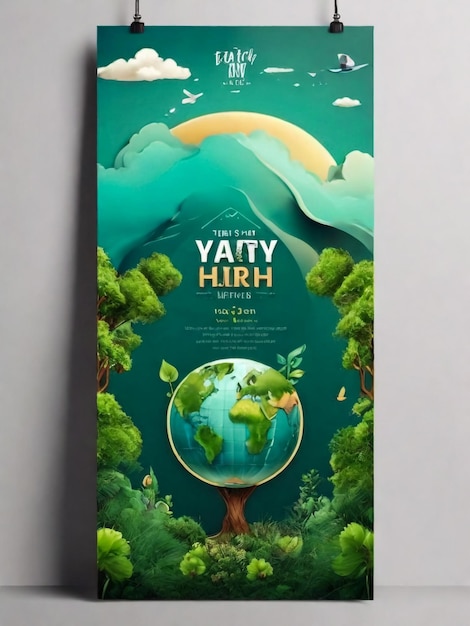 Poster do Dia da Terra feliz e folhas salvando o planeta ambiente Dia da Terra na natureza campo grama conservação da floresta conceito de arte ou design vetorial abstrato