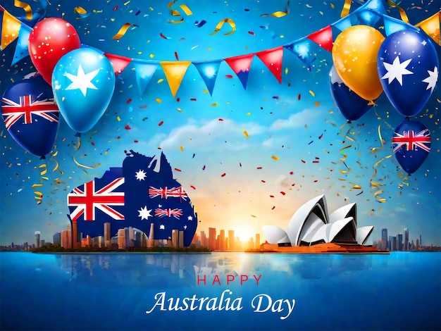 Foto poster do dia feliz da austrália com fundo de festões coloridos e confetes