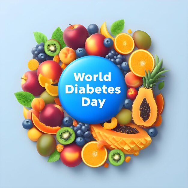 Poster do Dia Mundial da Diabetes com frutas em fundo azul Ilustração vetorial