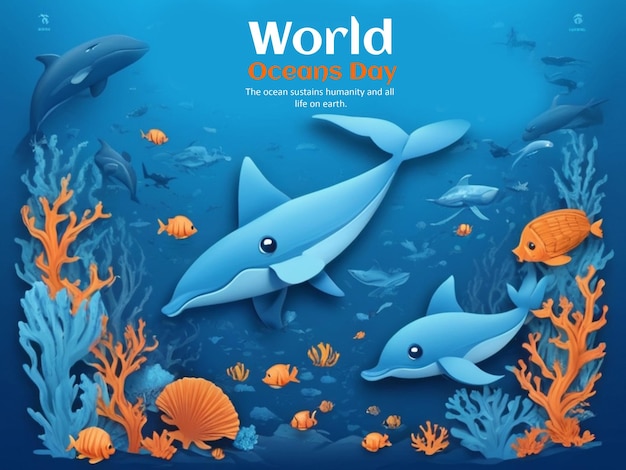 Poster do Dia Mundial do Oceano em papel azul
