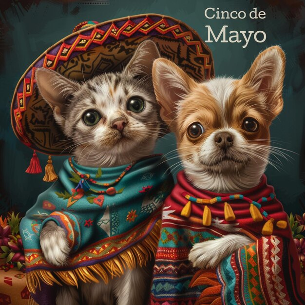 Poster do feriado de Cinco de Mayo com Cães em roupas mexicanas e gatos