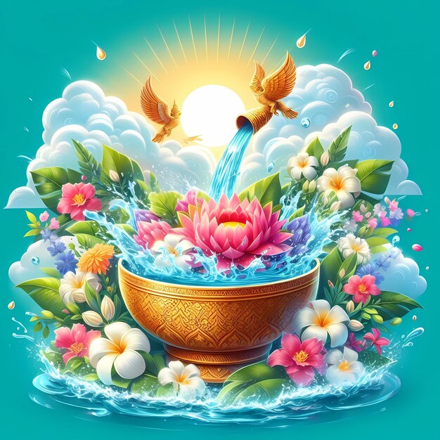 Poster do festival de Songkran na Tailândia, flores em uma tigela de água, água salpicando sobre nuvens e sol