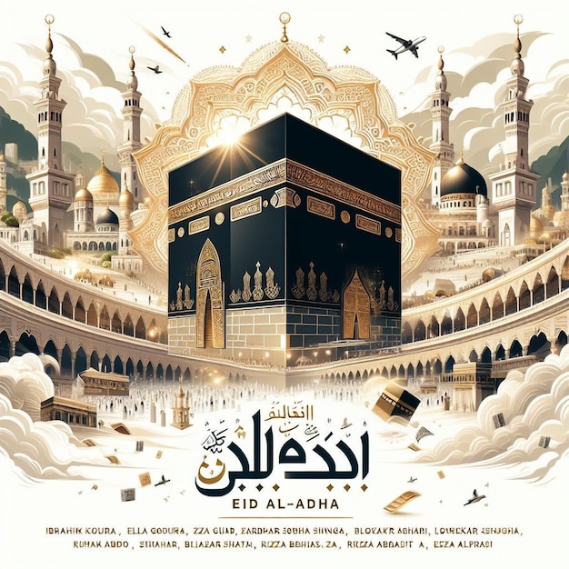 Foto poster do festival islâmico eid al adha para a mesquita de san diego com uma mesquita ao fundo