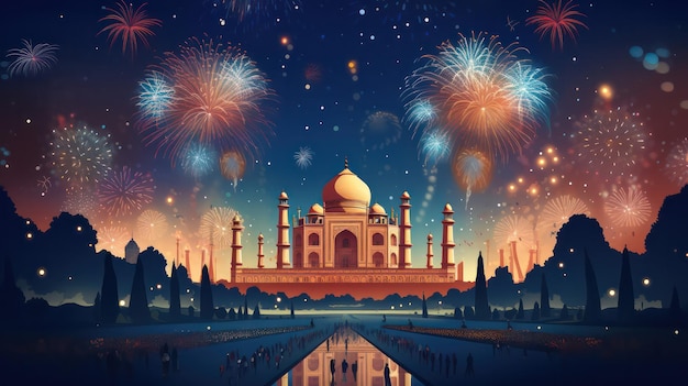 Pôster do Taj Mahal à noite com vista para fogos de artifício na celebração do ano novo