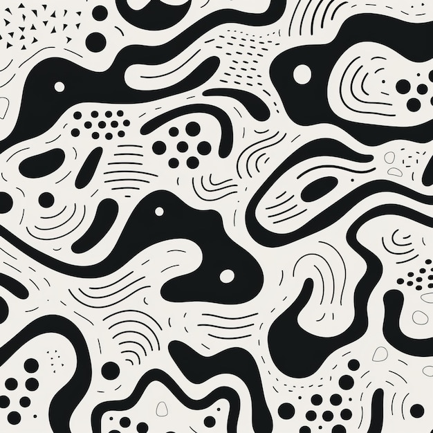 Poster de doodle orgánico abstracto con patrones de tierra en blanco y negro
