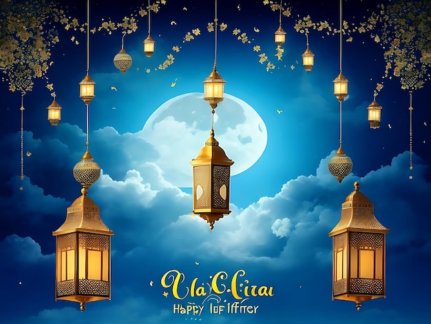 Poster de Eid al fitr con un fondo de linternas, luna y nubes generado