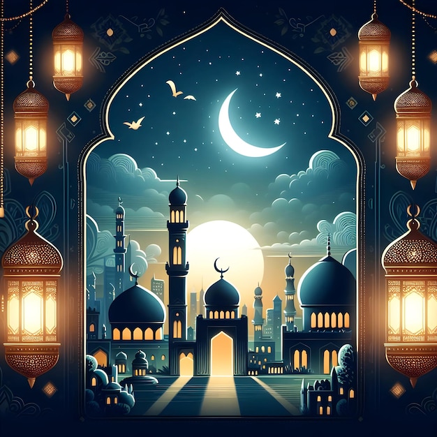 Poster de Eid al Fitr con una linterna en la noche