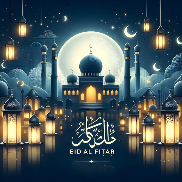 Poster de Eid al Fitr con una linterna en la noche