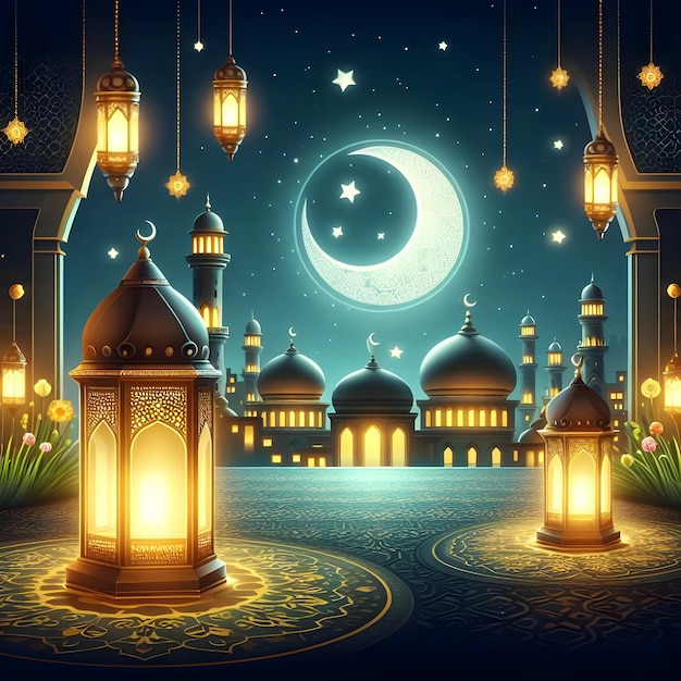 Poster de Eid al Fitr con una linterna en la noche