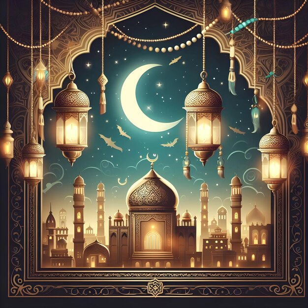 Poster de Eid al Fitr con una linterna en la noche