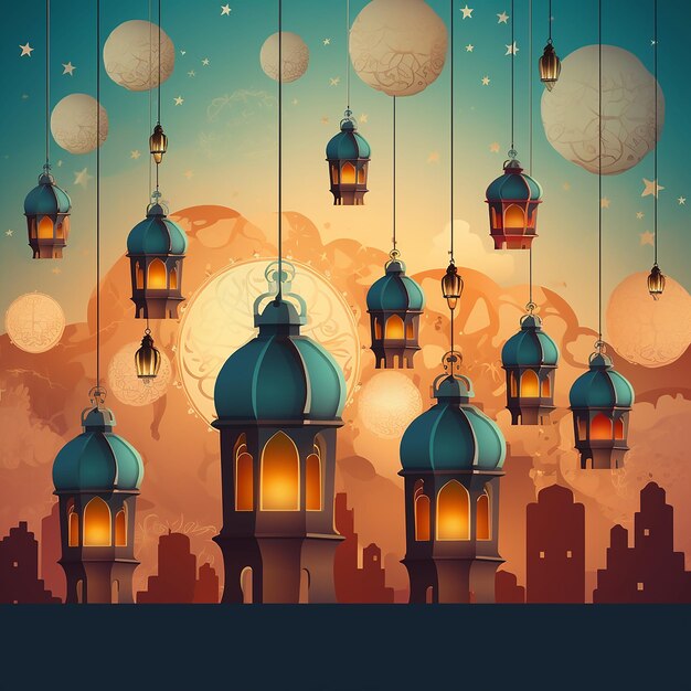 Foto poster de eid mubarak en 3d con el fondo de la fiesta islámica