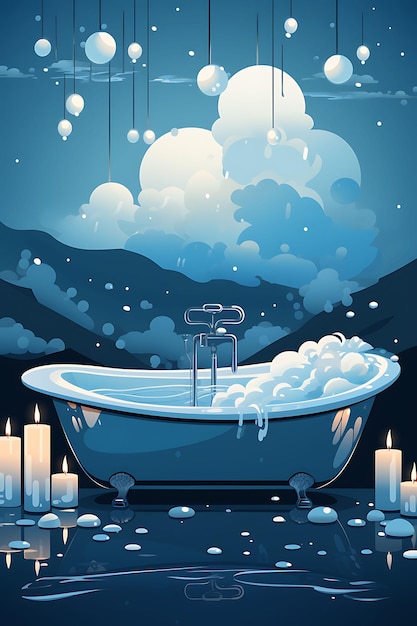 Poster einer Sammlung von schwimmenden Kerzen in einer Badewanne Serene Blue und Candlesmas 2D Flat Designs