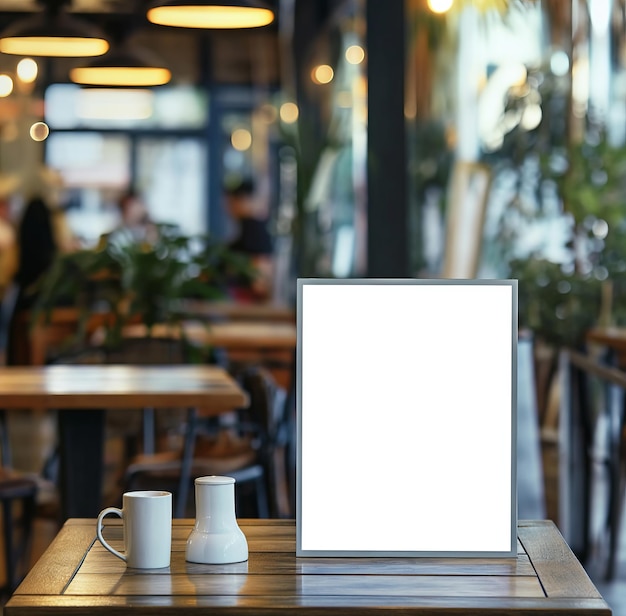 Foto poster em branco em close-up em mesa de café maquete no estilo de prata retrato abrupto cenas de taverna animadas