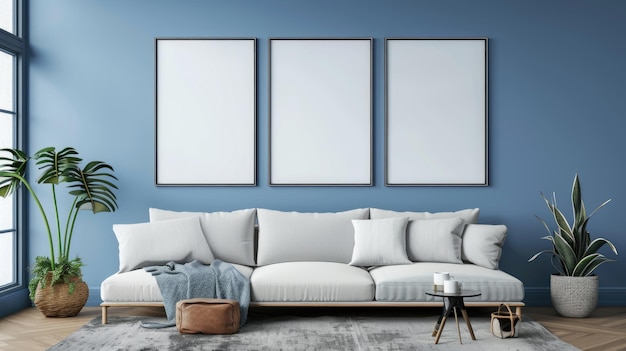 Poster em branco em fundo azul da sala de estar 3d illustratio