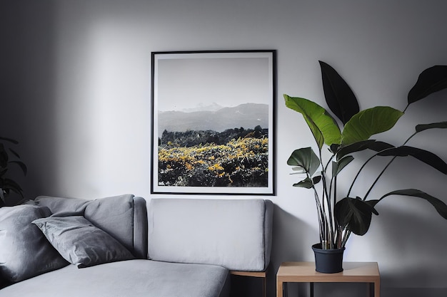 Un póster encima de un sofá gris con una mesa baja y plantas al lado en una sencilla sala de estar interior 3d renderizado