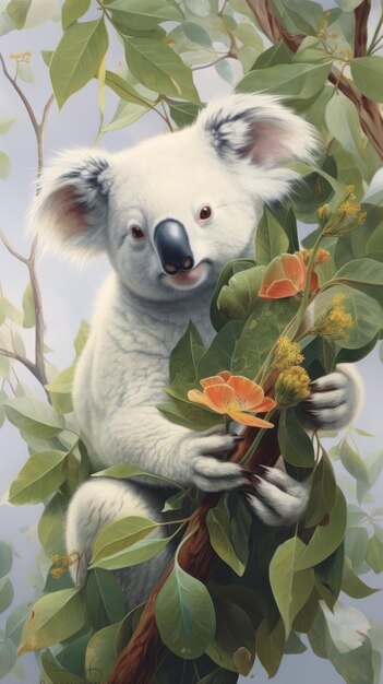 Poster enigmático de Koala Blanco en telón de fondo blanco generado por la IA