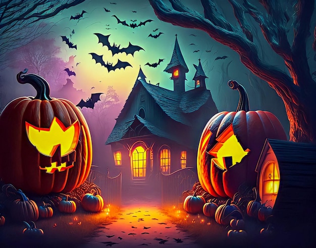 Un póster para una escena de Halloween con calabazas y una casa al fondo.