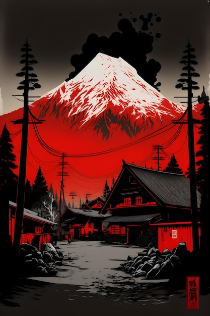 Un póster de una escena de montaña japonesa con una montaña al fondo.