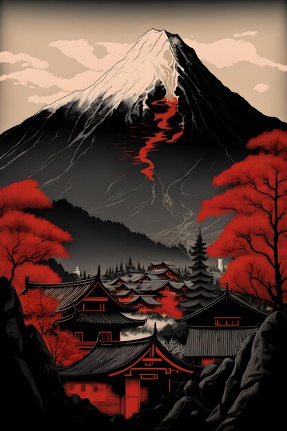 Un póster de una escena de montaña japonesa con una montaña al fondo.