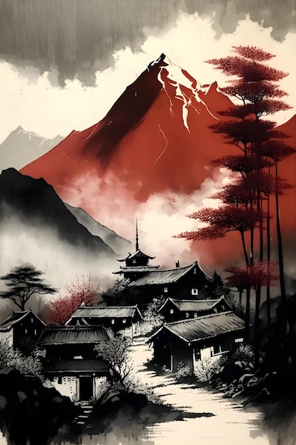 Un póster de una escena de montaña japonesa con una montaña al fondo.