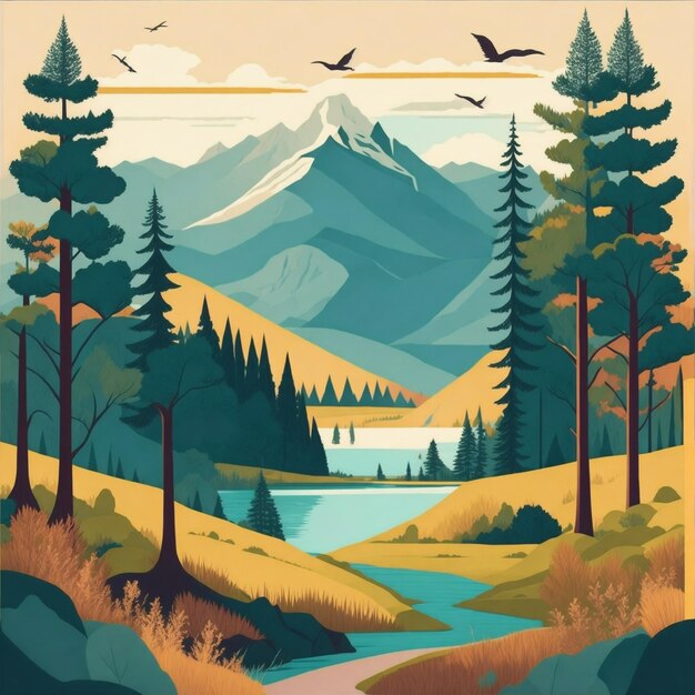 Un póster de una escena de montaña con una montaña y árboles en primer plano.