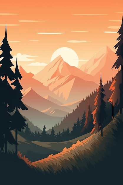 Un póster para una escena de montaña con un paisaje de montaña.