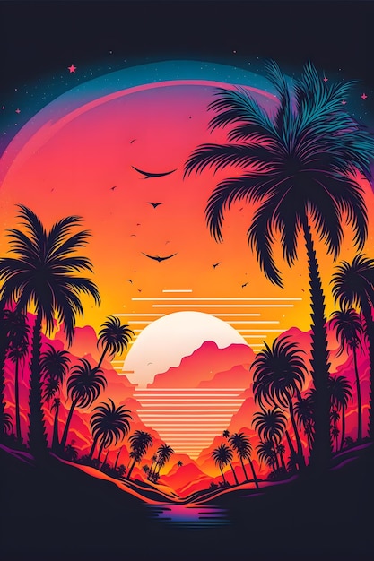 Un póster para una escena de playa con palmeras y una puesta de sol.