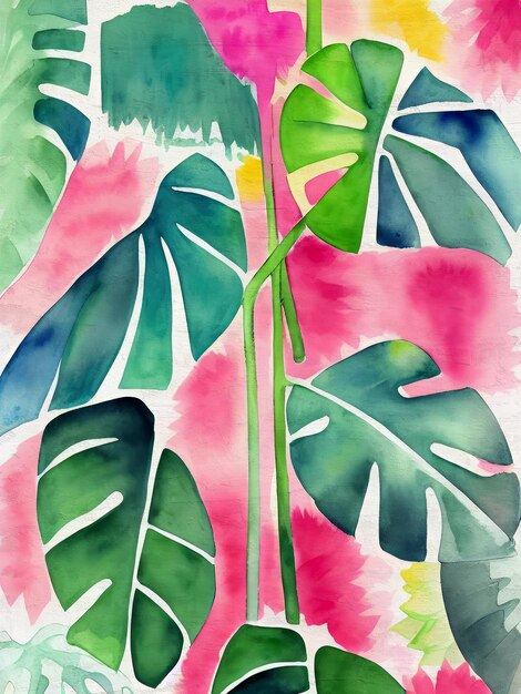 Foto póster de estilo monstera con formas florales botánicas, flores pintadas a mano, arte imprimible de coral