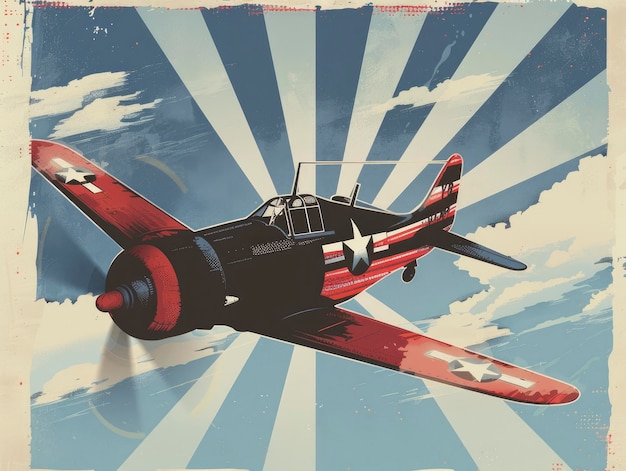 Un póster de estilo vintage de un avión de combate estadounidense volando en el cielo