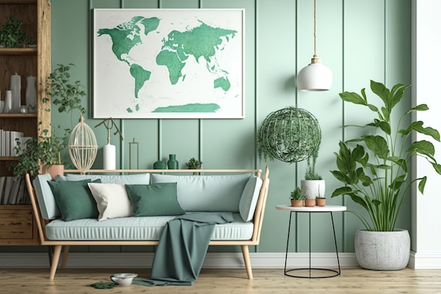 Un póster falso mapa menta sofá plantas lámpara y hermosos accesorios llenan este moderno estante de espacio de vida paneles de madera verde decoración moderna Mobiliario utilizable de plantilla