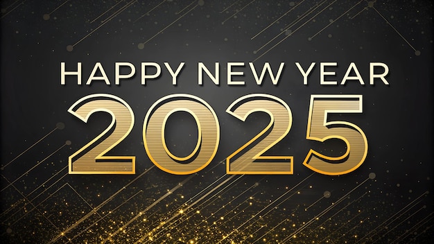 Poster de Feliz Año Nuevo 2025 con fuente metálica dorada fuegos artificiales festivos con fondo negro confeti
