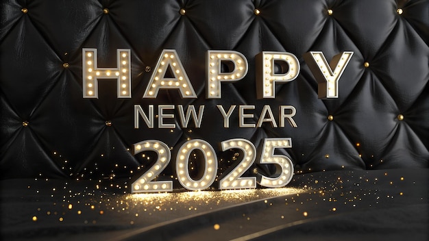 Poster de Feliz Año Nuevo 2025 con fuente metálica dorada fuegos artificiales festivos fondo negro efecto de chispas de confeti